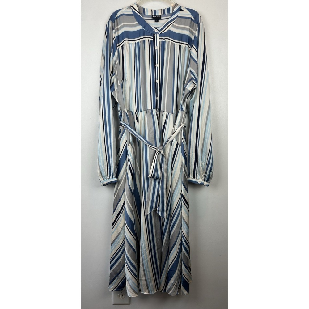 Torrid Maxi Shirt Dress Womens 1X Long Sleeve V Neck Blue Striped Belted Office